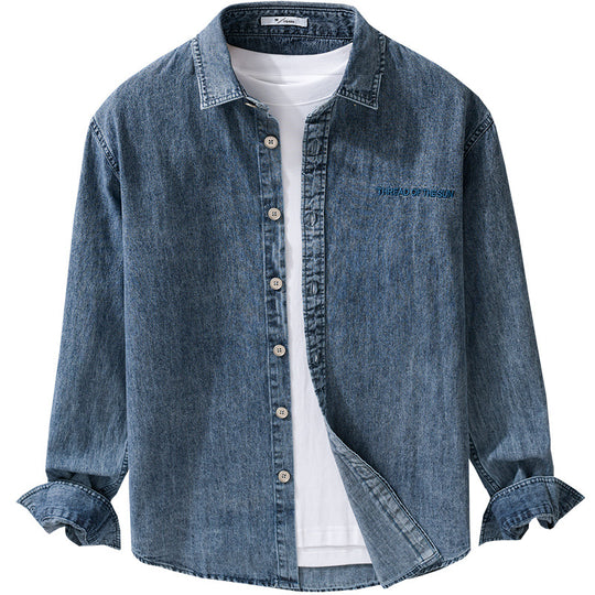 Herren entspanntes Denim-Overshirt mit Knopfleiste und Bruststickerei Nord Taschen