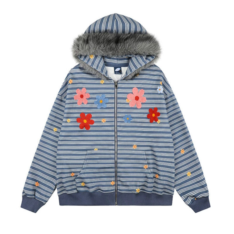 Damen Kapuzen-Zipjacke im gestreiften French-Terry mit Kunstfellkapuze und Blumenstickerei Nord Taschen