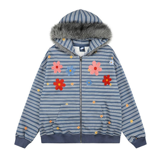 Damen Kapuzen-Zipjacke im gestreiften French-Terry mit Kunstfellkapuze und Blumenstickerei Nord Taschen