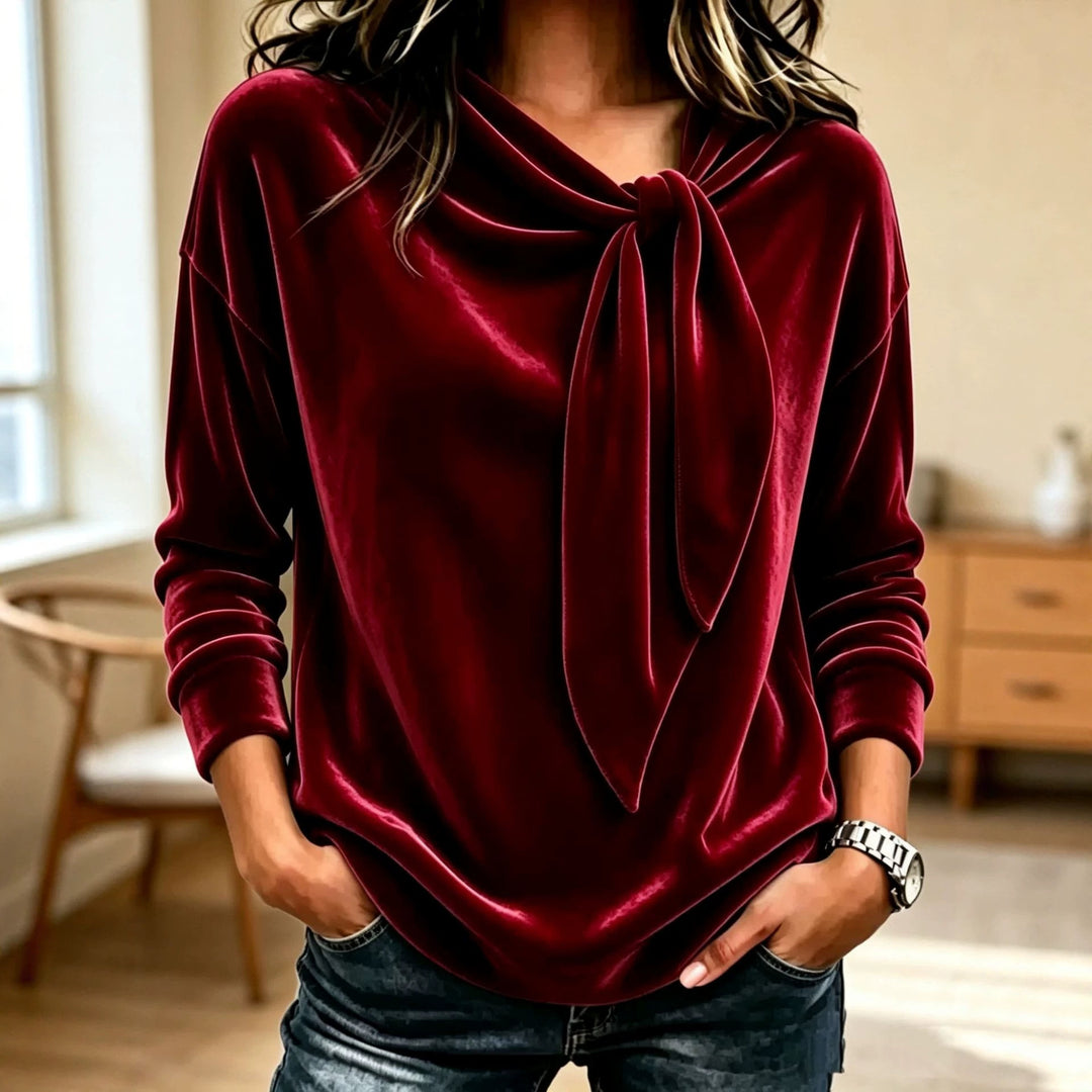 Damen Drapiertes Velours-Sweatshirt mit Knotenschalkragen Nord Taschen