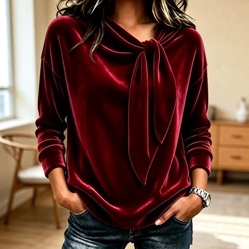 Damen Drapiertes Velours-Sweatshirt mit Knotenschalkragen Nord Taschen