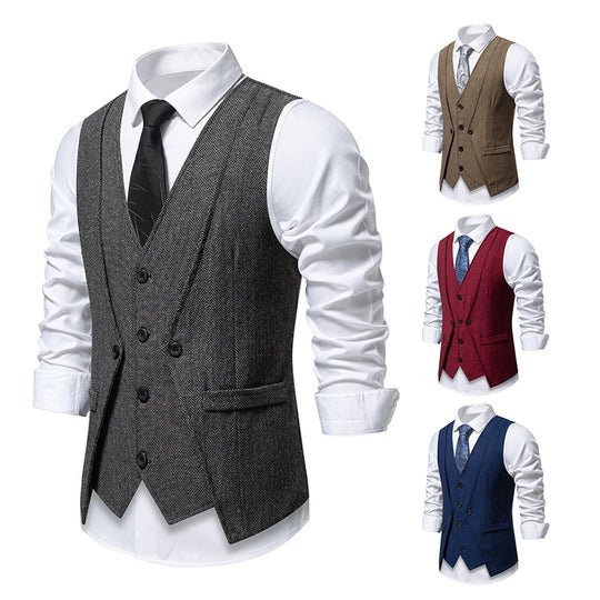Herren Elegante Fischgräten-Tweedweste mit doppelreihiger Knopfleiste und Pattentaschen Nord Taschen