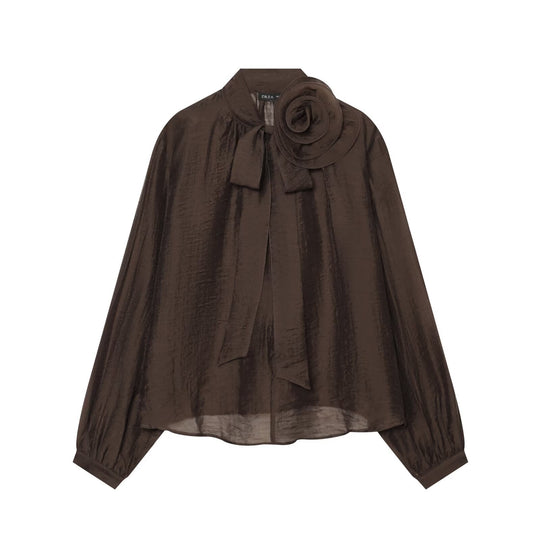 Damen Transparente Chiffonbluse mit Schleifenkragen, Volumenärmeln und Blumenbrosche Nord Taschen