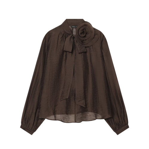 Damen Transparente Chiffonbluse mit Schleifenkragen, Volumenärmeln und Blumenbrosche Nord Taschen