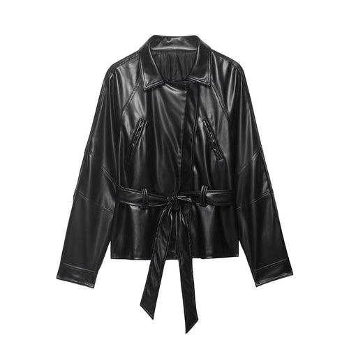 Damen Kurze Lederoptik-Trenchjacke mit Taillengürtel und überschnittenen Raglanärmeln Nord Taschen