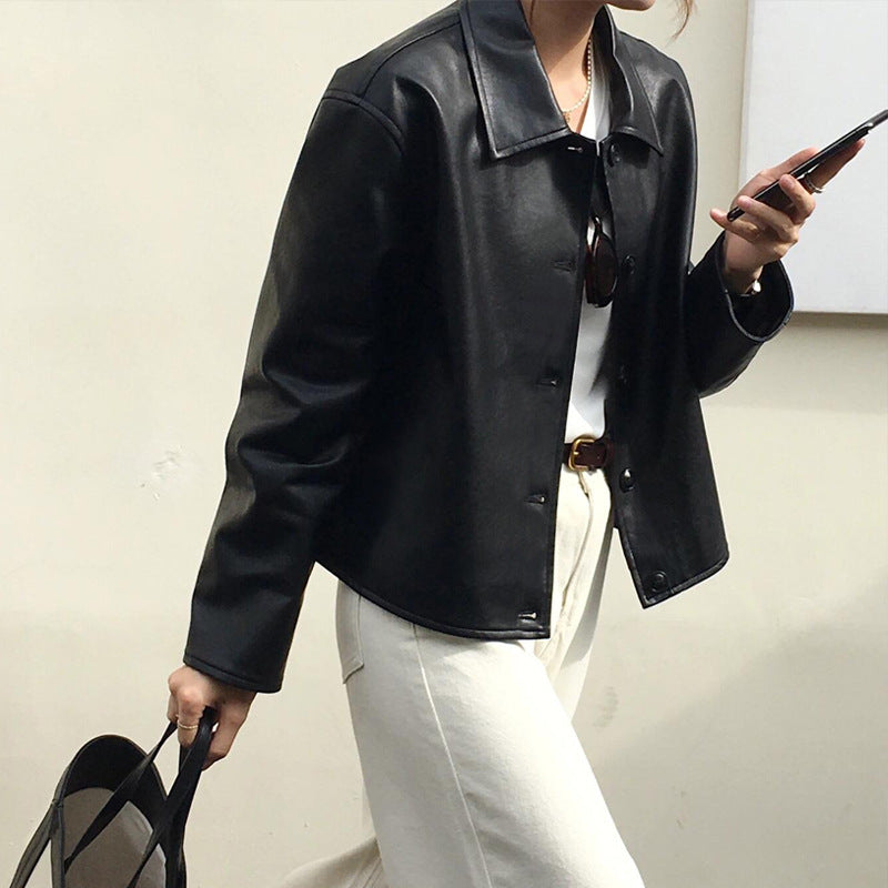Damen Boxy-Lederoptik-Jacke mit Hemdkragen und Knopfleiste Nord Taschen