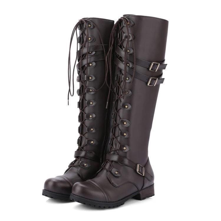 Damen Kniehohe Schnürstiefel im Military‑Look mit Zierschnallen und robuster Profilsohle Nord Taschen