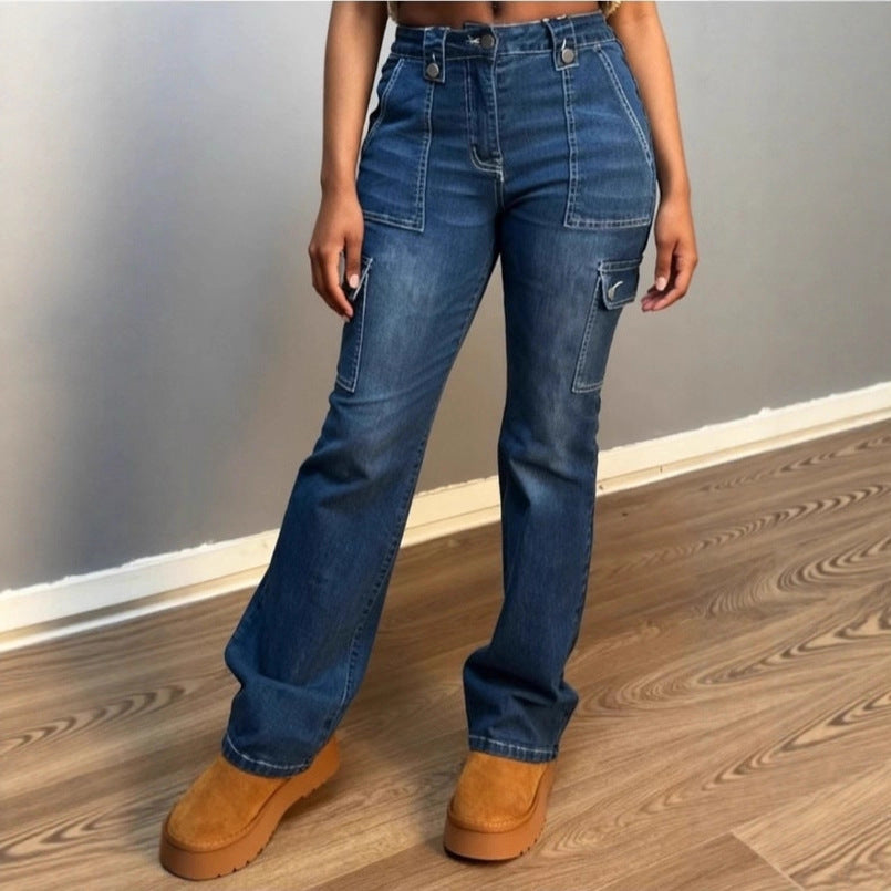 Damen Hochtaillierte Cargo-Denim-Jeans mit geradem Bein und aufgesetzten Klappentaschen Nord Taschen