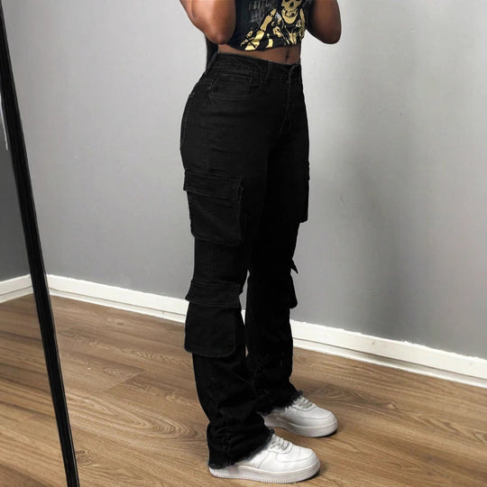 Damen Hochtaillierte Cargo-Jeans mit Mehrfach-Pattentaschen und langem Bein Nord Taschen