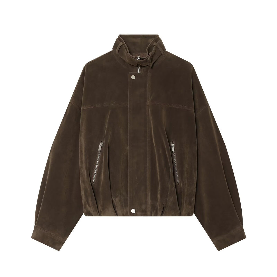 Damen Boxy Veloursleder‑Blousonjacke mit hohem Stehkragen, elastischem Saum und Reißverschlusstaschen Nord Taschen