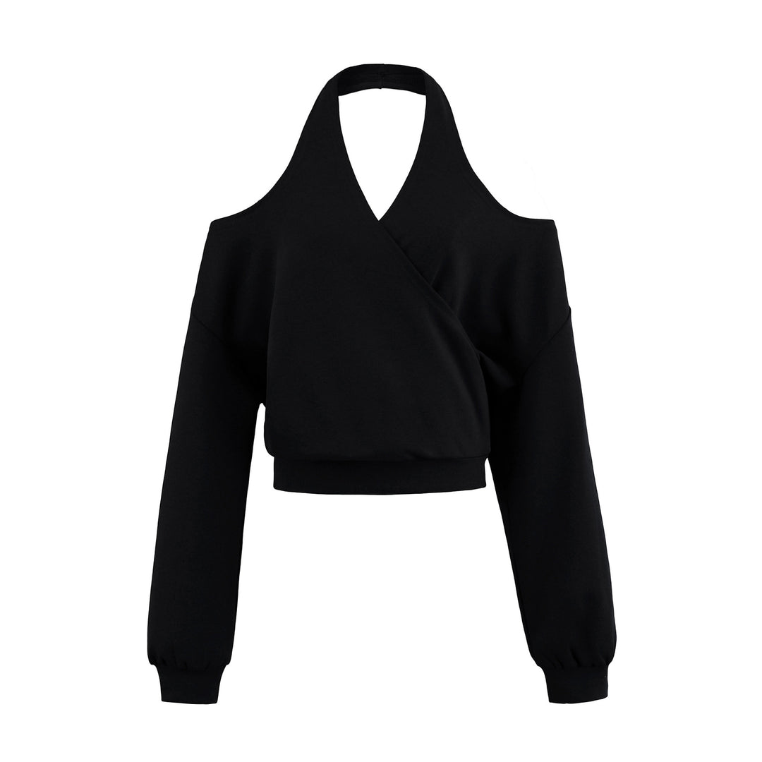 Damen Cropped Sweatshirt mit Neckholder, Cold-Shoulder und Wickeloptik Nord Taschen