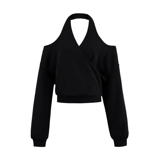 Damen Cropped Sweatshirt mit Neckholder, Cold-Shoulder und Wickeloptik Nord Taschen