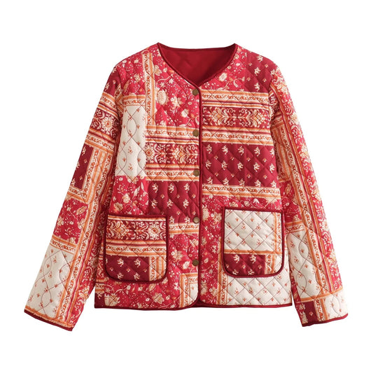 Damen Steppjacke im Patchwork-Bandana-Design mit Rundhals und aufgesetzten Taschen Nord Taschen
