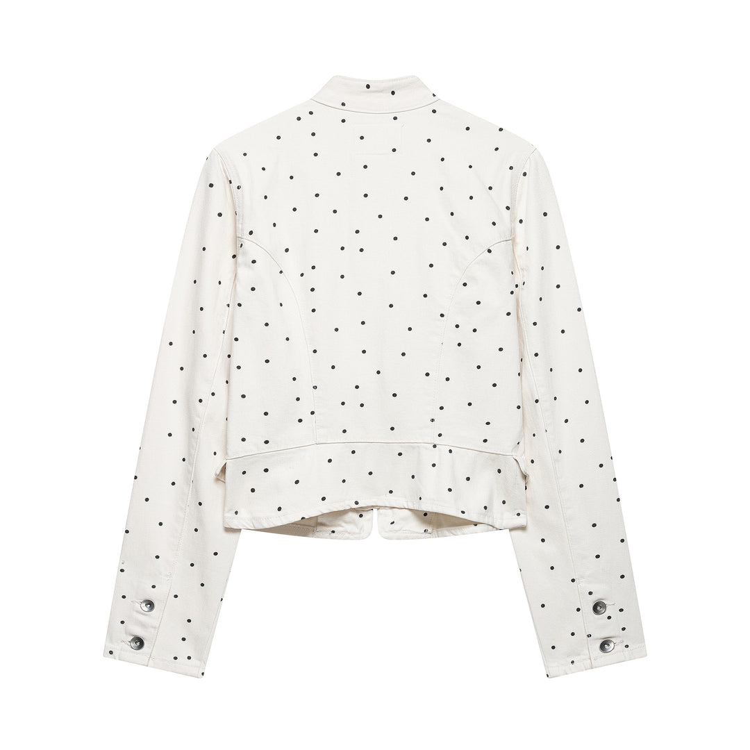 Damen Gepunktete Cropped Jeansjacke mit Stehkragen, Reißverschluss und Pattentaschen Nord Taschen