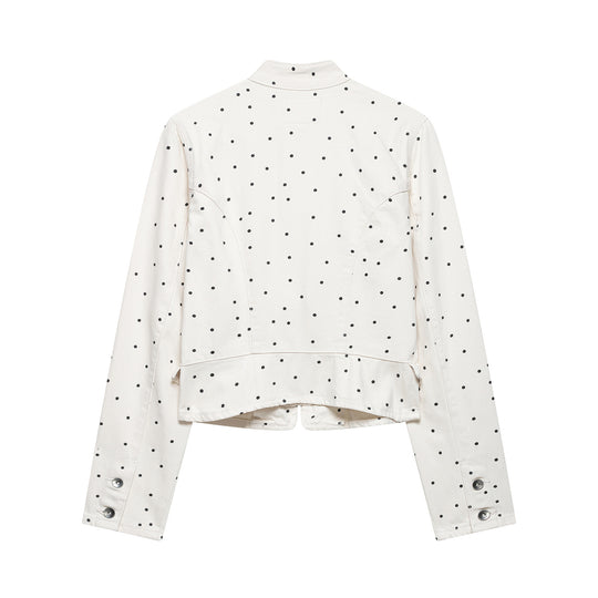 Damen Gepunktete Cropped Jeansjacke mit Stehkragen, Reißverschluss und Pattentaschen Nord Taschen