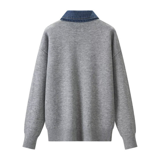 Damen Strickpullover mit Denimkragen und zweiknopf-Poloblende Nord Taschen