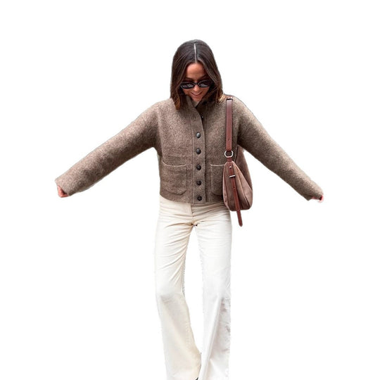 Damen Kurzjacke aus flauschigem Mohair‑Mix mit Knopfleiste & aufgesetzten Taschen Nord Taschen