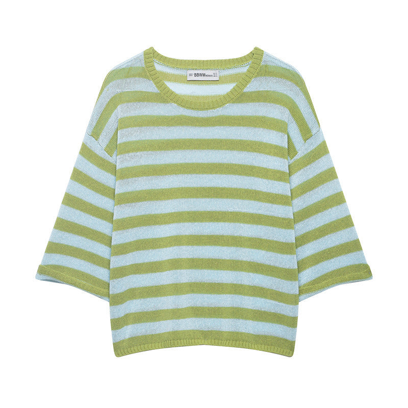 Damen Gestreifter Oversize-Strickpullover mit weitem dreiviertelärmel und Rundhalsausschnitt Nord Taschen