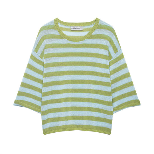 Damen Gestreifter Oversize-Strickpullover mit weitem dreiviertelärmel und Rundhalsausschnitt Nord Taschen