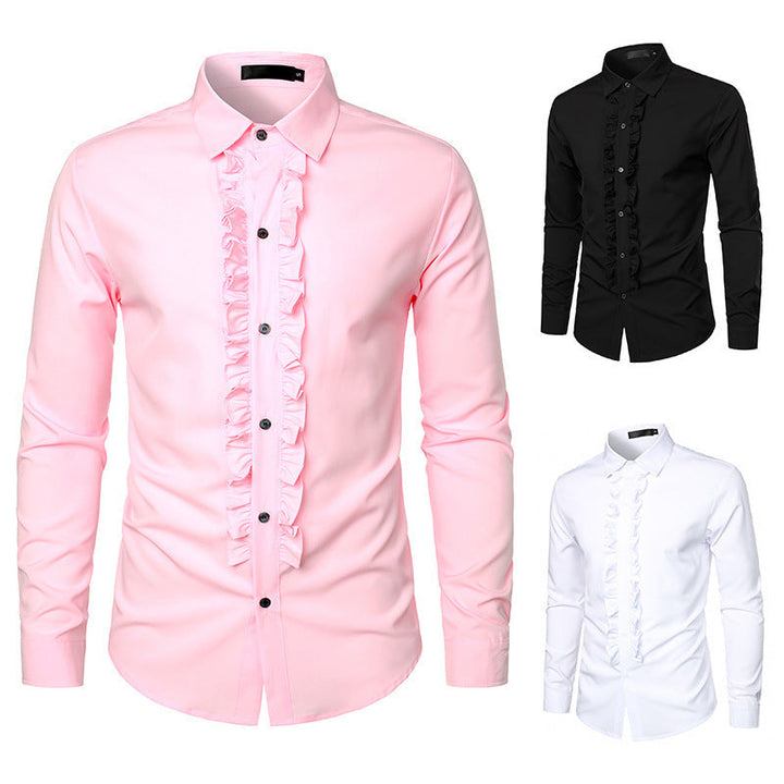 Herren Langarmhemd mit Rüschenverzierung und eleganten Knopfdetails