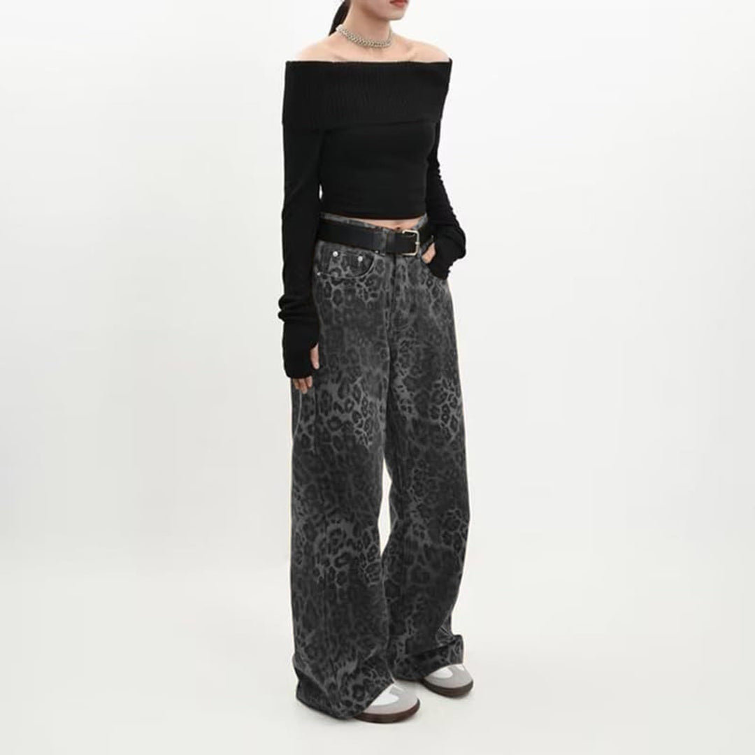 Damen weite High‑Waist Palazzohose im Leomuster mit Five‑Pocket‑Schnitt und entspanntem Bein Nord Taschen