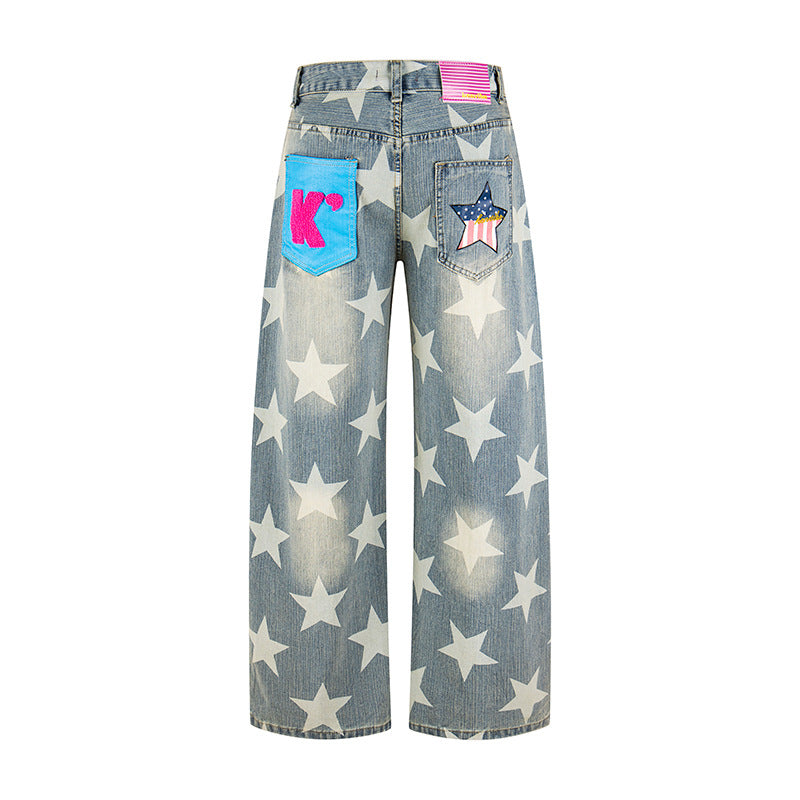 Damen Weite Hochbund-Culotte-Jeans mit hoher Taille und Allover-Sterneprint Nord Taschen