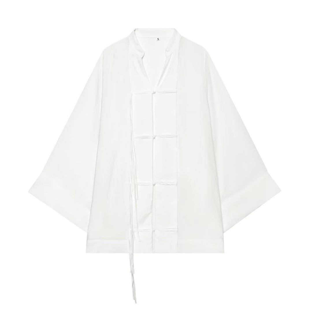Damen Oversize-Kimonojacke mit Zierknoten und langen Quastenbändern Nord Taschen