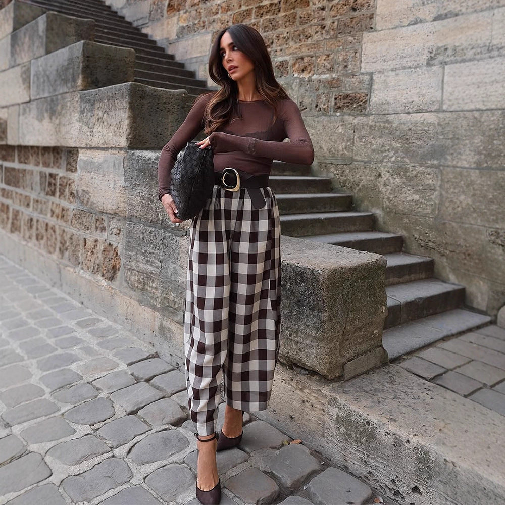 Damen Karo-Hochtaillierte Palazzo-Hose mit weitem Bein & Bundfalten Nord Taschen