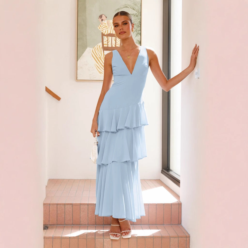 Damen Maxi-Kleid mit eleganten Volants und tiefem V-Ausschnitt