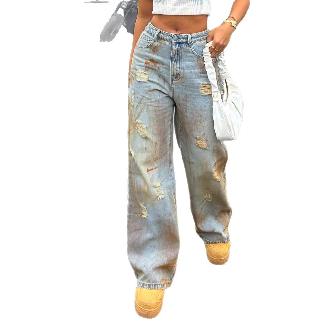Damen Hochgeschnittene weitgeschnittene Destroyed-Jeans mit Rost-Effekt und legerer Passform Nord Taschen