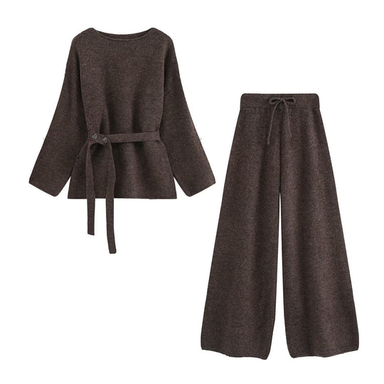 Damen Zweiteiliges Strick-Lounge-Set mit Taillengürtel und weiter Palazzo-Hose Nord Taschen