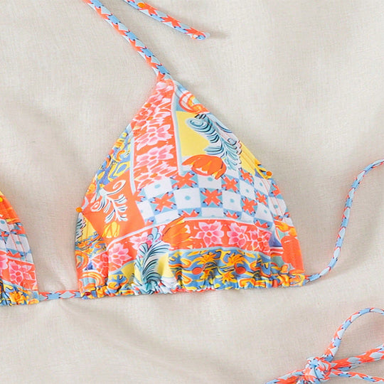 Damen Triangel-Bikini-Set mit verspielt floralem Muster und verstellbaren BindNord Taschenändern