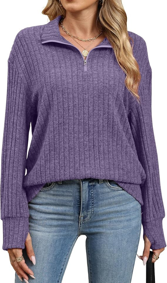 Damen Gerippter Halfzip-Pullover mit Stehkragen und Relaxed-Fit Nord Taschen