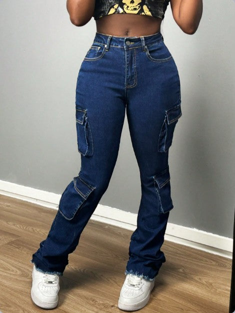 Damen Hochtaillierte Cargo-Jeans mit Mehrfach-Pattentaschen & ausgestelltem Saum Nord Taschen