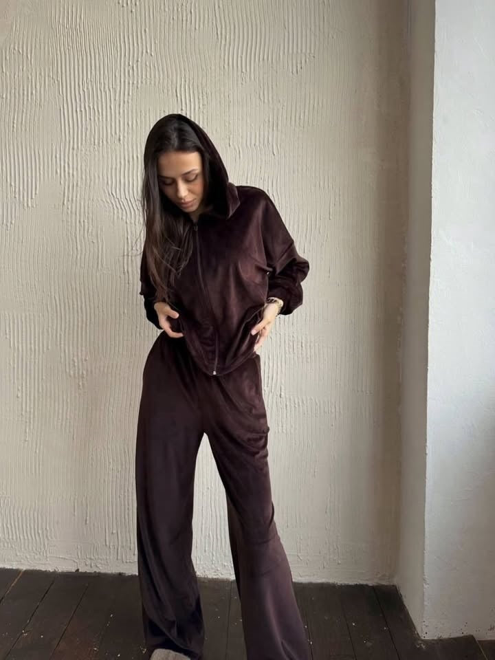 Damen luxuriöses Velours-Lounge-Set mit kurzem Reißverschluss-Hoodie und weitem High-Waist-Hose Nord Taschen