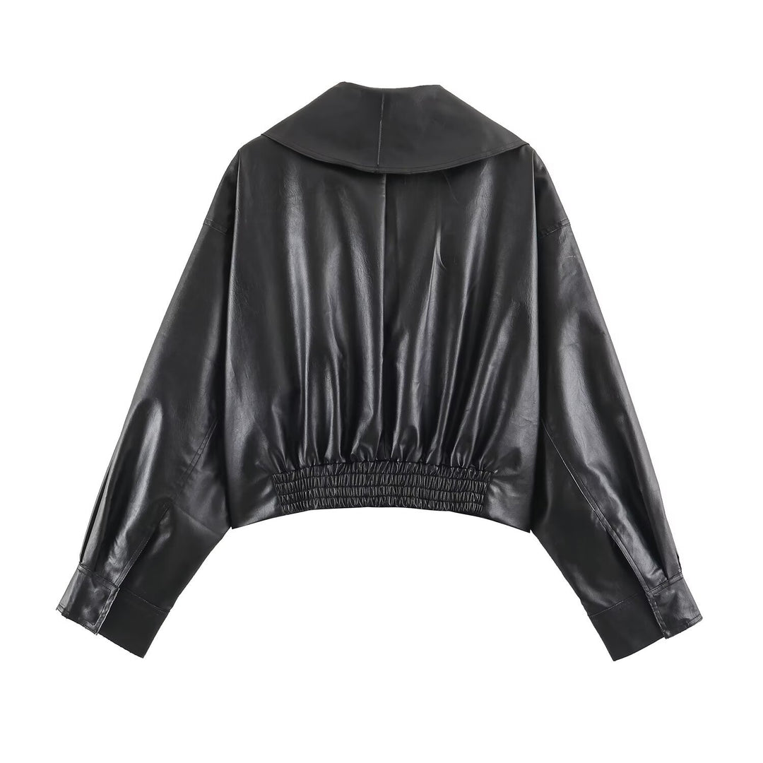 Damen Kurzer Kunstleder-Blouson mit übergroßem Schalkragen und Taillenriemen Nord Taschen