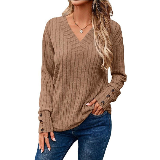 Damen Gerippter V-Ausschnitt Strickpullover mit Knopfmanschetten Nord Taschen