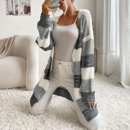 Damen Longline Strickcardigan mit breiten Blockstreifen, offener Front und überschnittener Schulter Nord Taschen