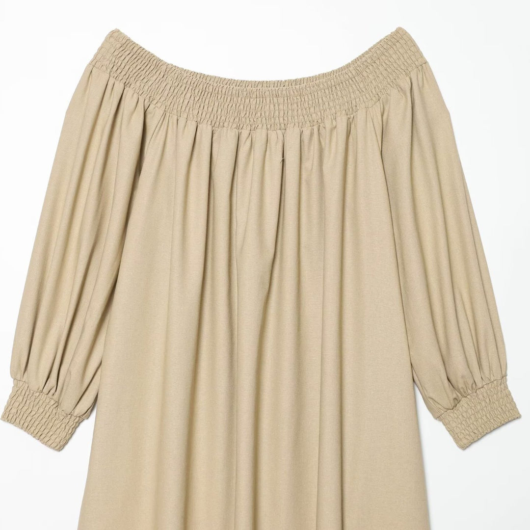 Damen Maxikleid mit Carmen-Ausschnitt, Smokbund und voluminösen Ballonärmeln Nord Taschen