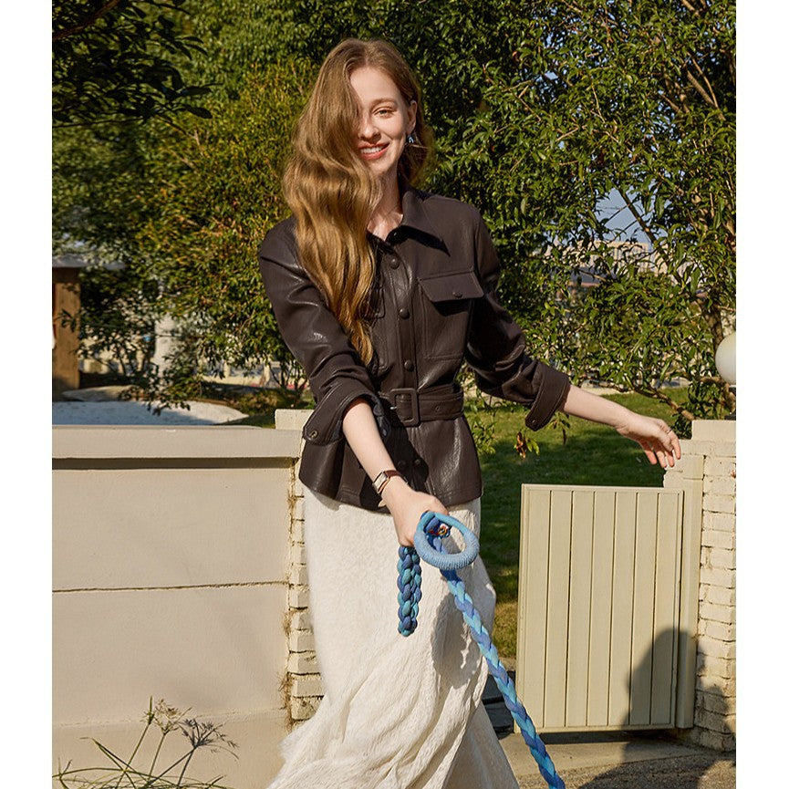 Damen Taillierter Utility-Lederblouson mit Bindegürtel und aufgesetzten Brusttaschen Nord Taschen