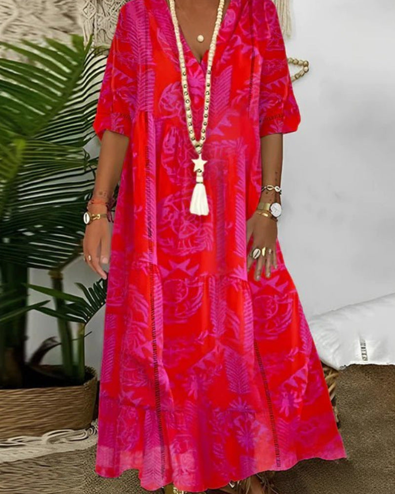 Damen nan Boho-Langkleid mit tiefem V-Ausschnitt, Stufenschnitt und legerer Oversize-Passform