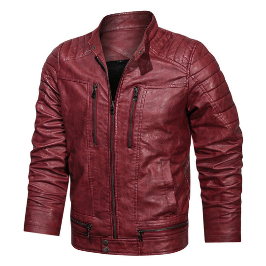 Herren Lederimitat-Bikerjacke im Vintage-Look mit Stehkragen, Ziernähten und Mehrfach-Reißverschlusstaschen Nord Taschen