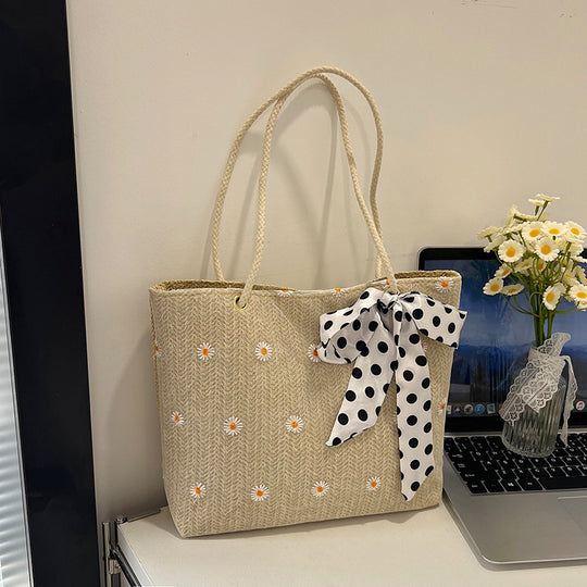 Damen Jute-Shopper mit floralen Stickereien und verspieltem Schleifenakzent Nord Taschen