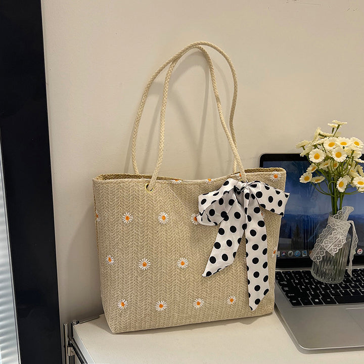 Damen Jute-Shopper mit floralen Stickereien und verspieltem Schleifenakzent Nord Taschen