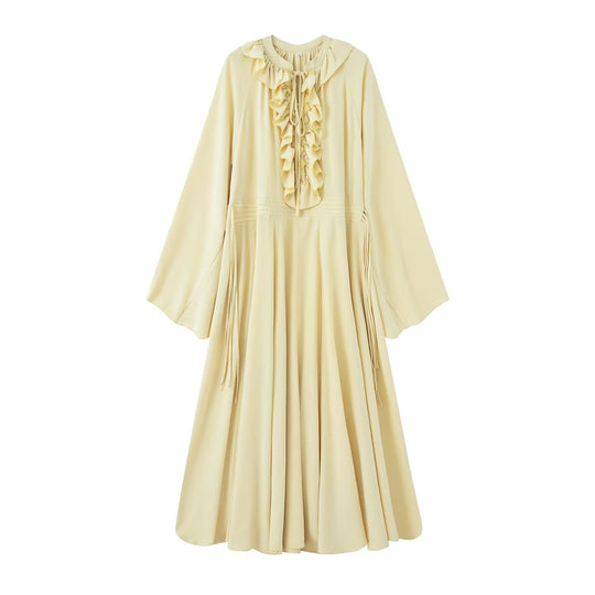Damen Maxikleid mit Volants, Bindekragen und weitem Glockenärmel Nord Taschen