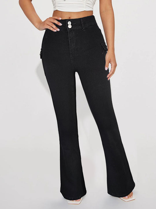 Damen Hochtaillierte Flared-Denimhose mit seitlichen Cargo-Pattentaschen & Doppelknopf Nord Taschen