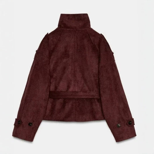 Damen Kurzjacke aus Wildlederimitat mit hohem Stehkragen und Bindegürtel Nord Taschen