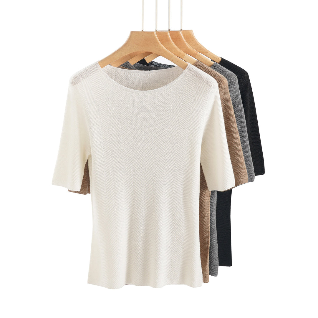 Damen Lockeres Feinstrick-Tunika-Shirt mit U-Boot-Ausschnitt und Fischgrätstruktur Nord Taschen