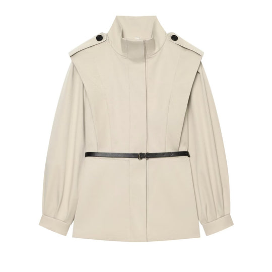 Damen Kurzer Cape‑Trench mit hohem Funnelkragen und Taillengürtel Nord Taschen