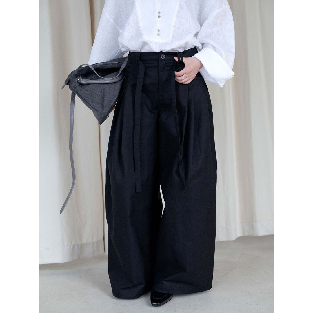 Damen Weite Bundfaltenhose mit hoher Taille und Bindegürtel Nord Taschen
